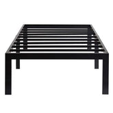 A sleek black metal bed frame with sturdy slats, designed for durability and contemporary style.